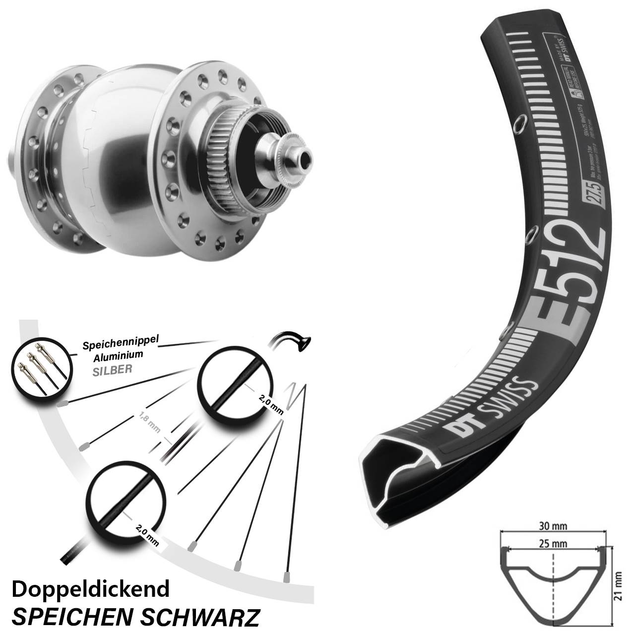 27,5 Zoll DT Swiss E512 SON 28 Disc Nabendynamovorderrad für Schnellspanner