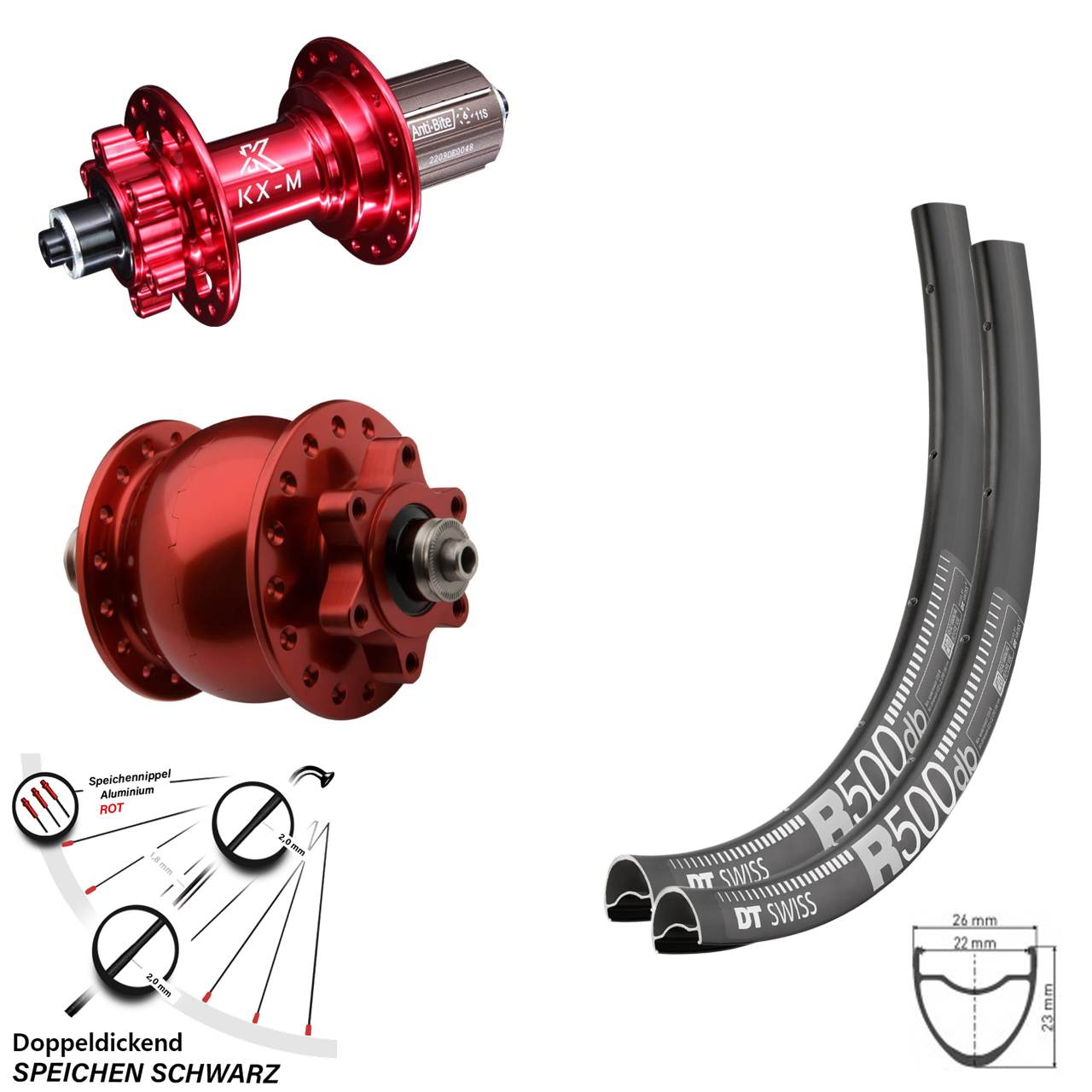 DT Swiss R 500 Laufradsatz Dynamo 6-loch SON 28 rot eloxiert KX-M 11-fach Schnellspanner