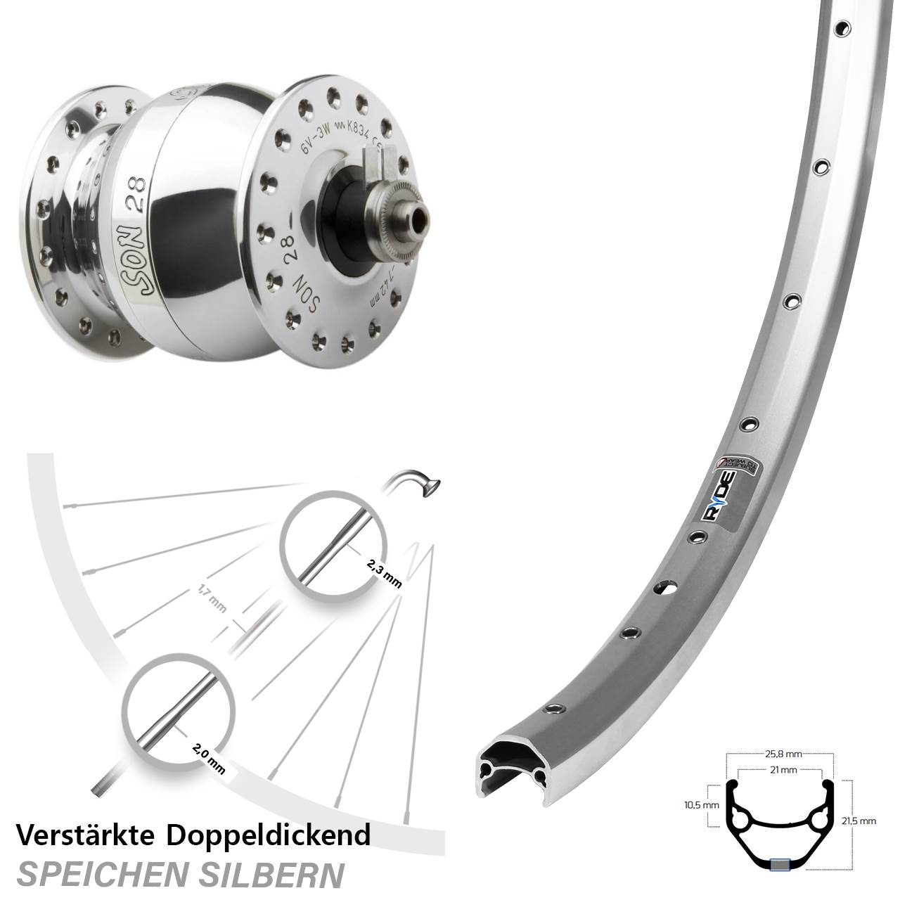 Ryde ZAC 421 Vorderrad Son 28 Zoll Nabendynamo silbern