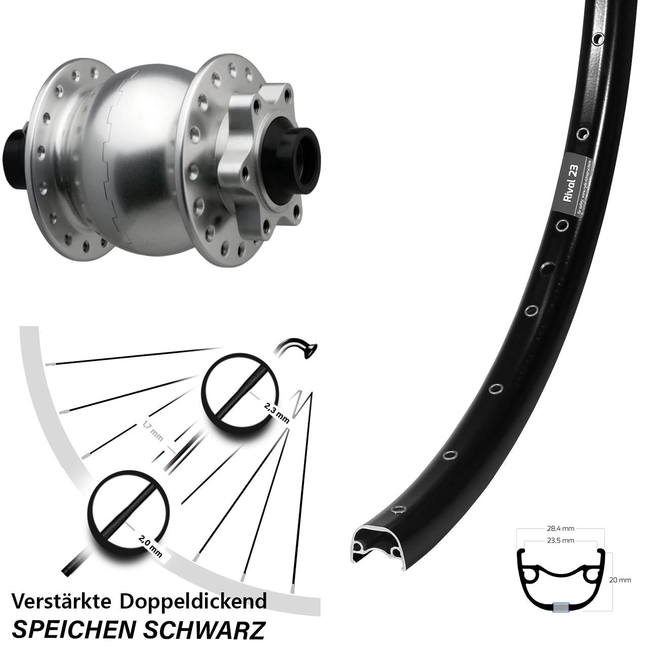 Boost Nabendynamovorderrad 6-Loch 15x110 27,5 Zoll Ryde Rival 23 SON 28 silbern