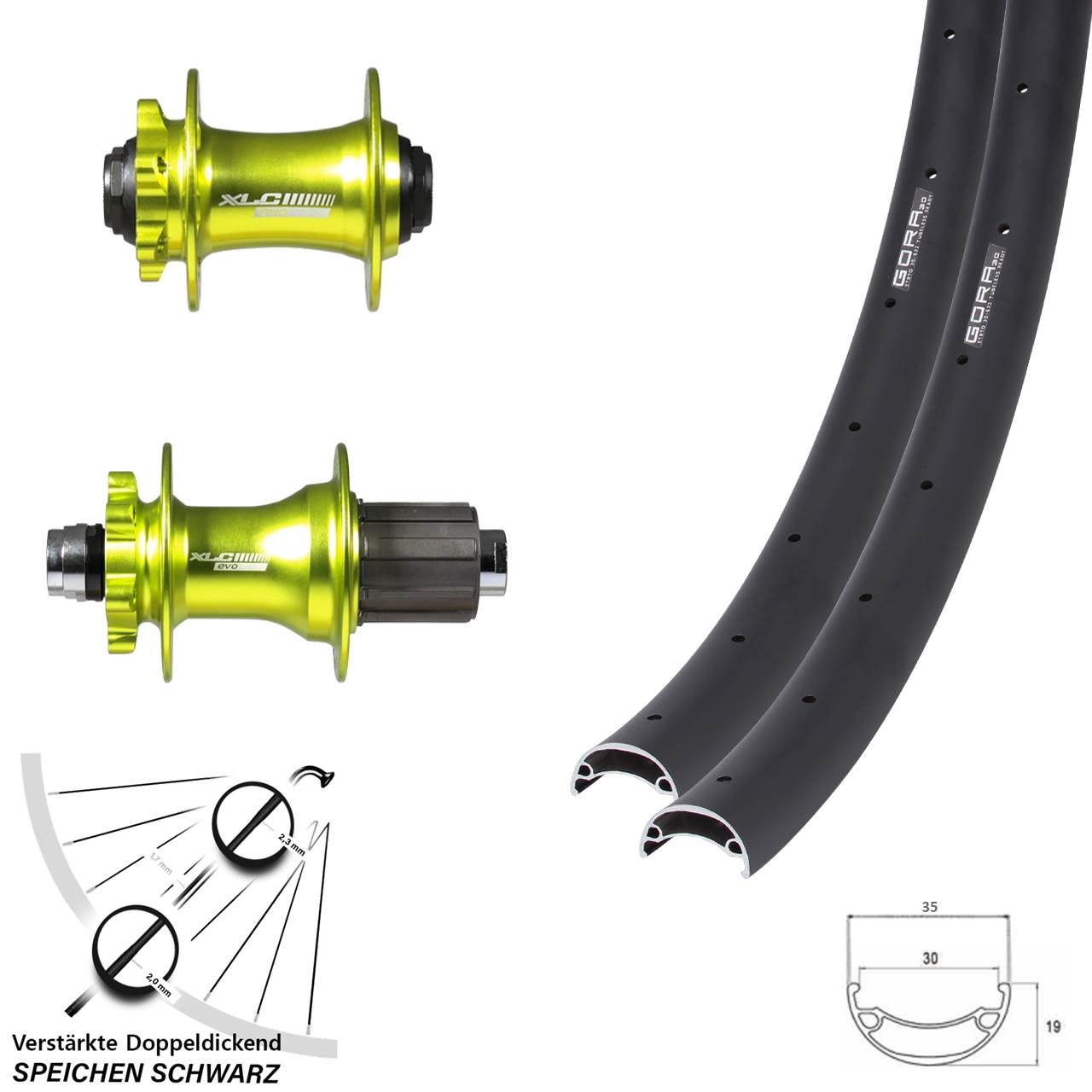 6-Loch Laufradsatz 20 Zoll Gora 30 XLC Evo grün eloxiert 8-11 fach HG 15x100 12x142