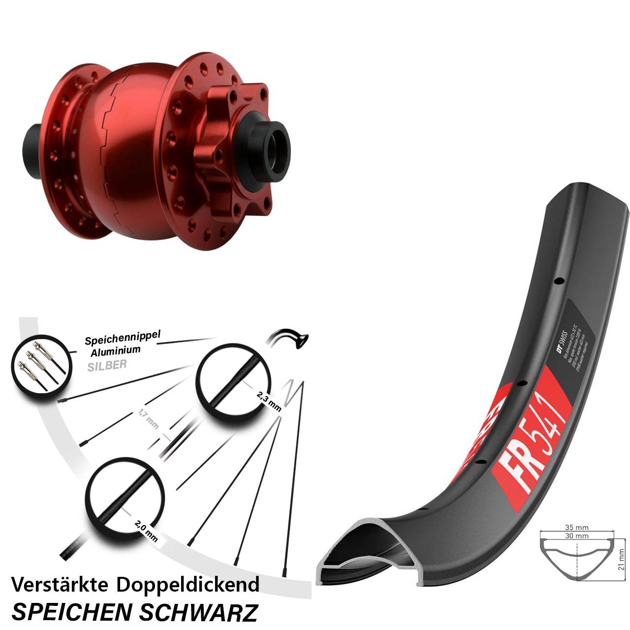 Vorderrad DT Swiss FR 541 SON 28-15 Disc 6-Loch Steckachse 100 rot eloxiert