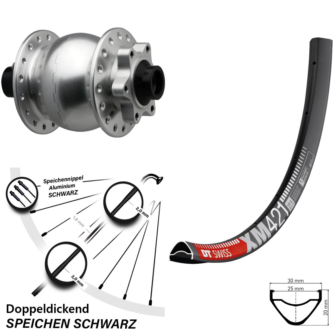 Boost 6-Loch Vorderrad mit Nabendynamo 15x110 650B DT Swiss XM421 SON 28