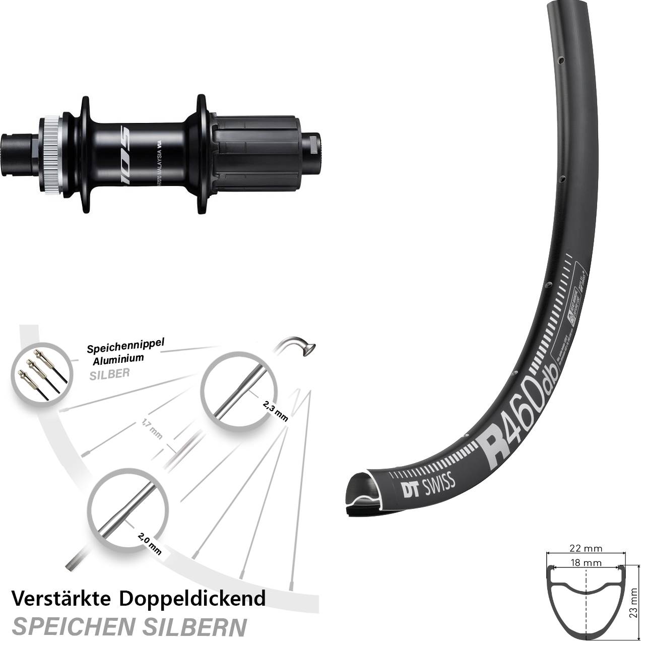 DT Swiss R 460 Shimano 105 28 Zoll Disc Hinterrad 12x142 8-12 fach