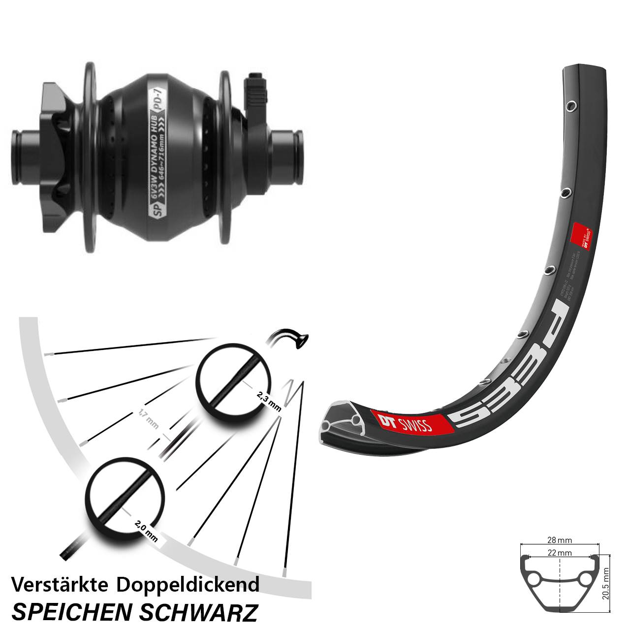 28-29 Zoll Vorderrad mit Nabendynamo DT Swiss 533 D Shutter Precision PD-7 6-Loch