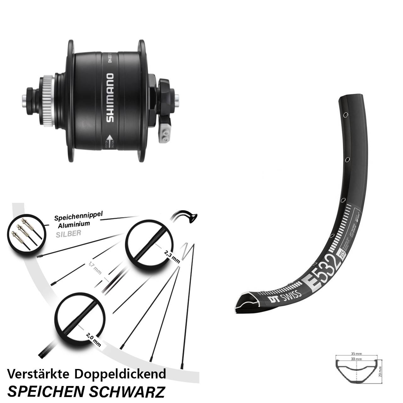 Nabendynamo-Vorderrad Centerlock 29 Zoll DT Swiss E532 Shimano DH-3D37 für Schnellspanner