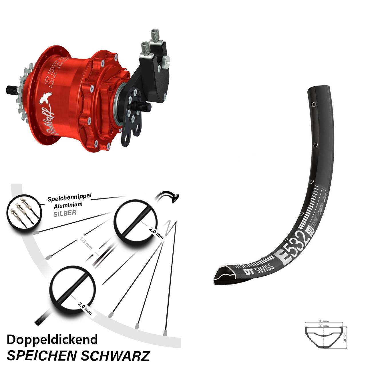 29 Zoll DT Swiss E532 Rohloff TS DB Tandem rot