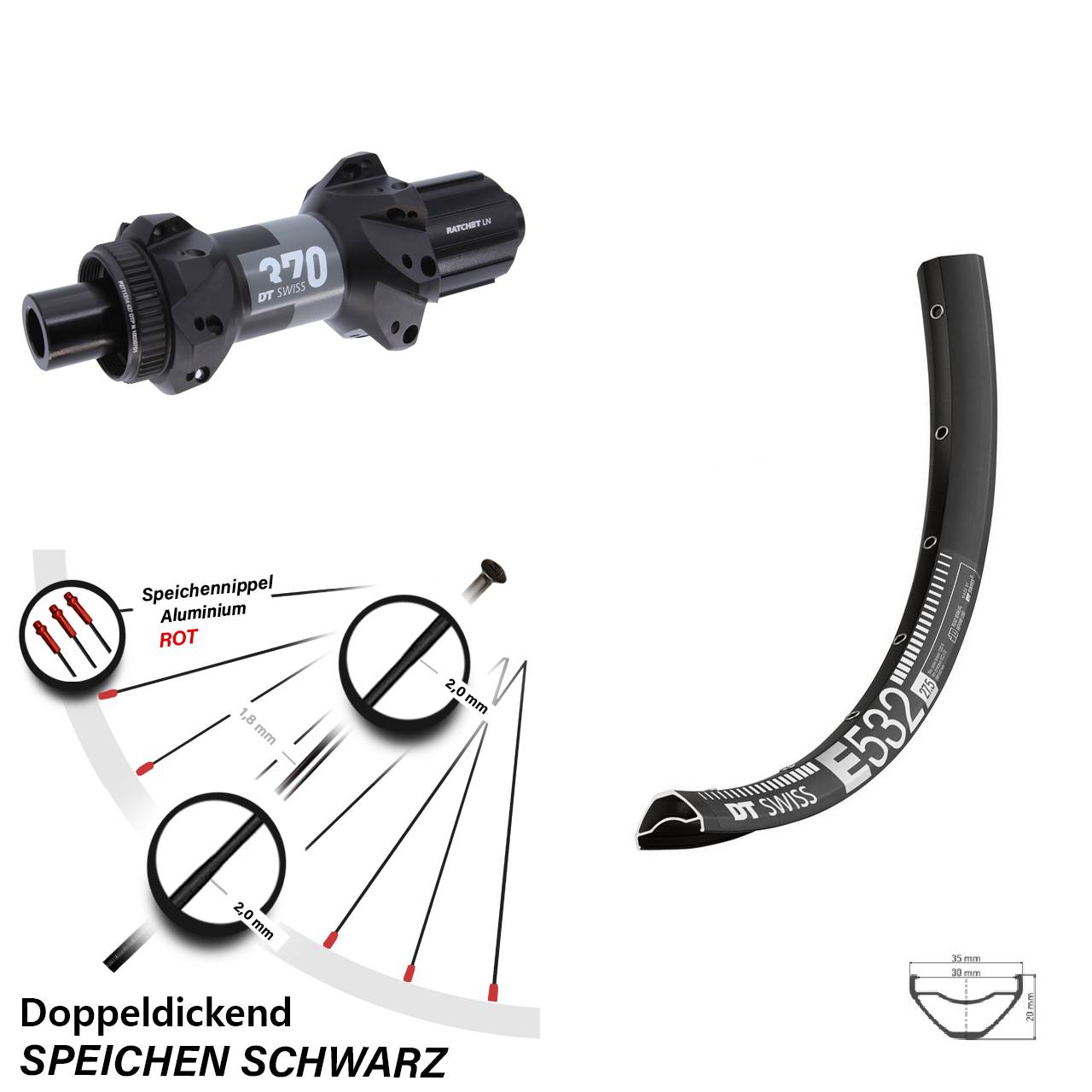 29 Zoll DT Swiss E532 DT Swiss 370 Straightpull Boost Disc Hinterrad 8-11 fach HG