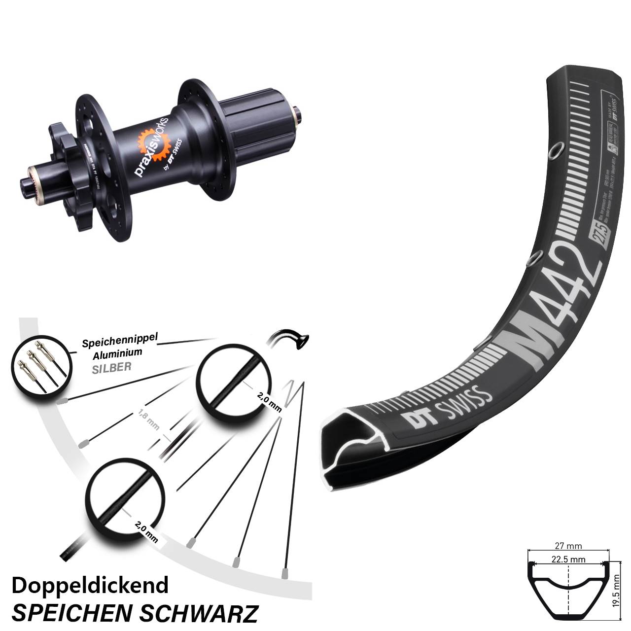 28-29 Zoll DT Swiss M442-350 6-Loch Hinterrad für Schnellspanner 8-11 fach