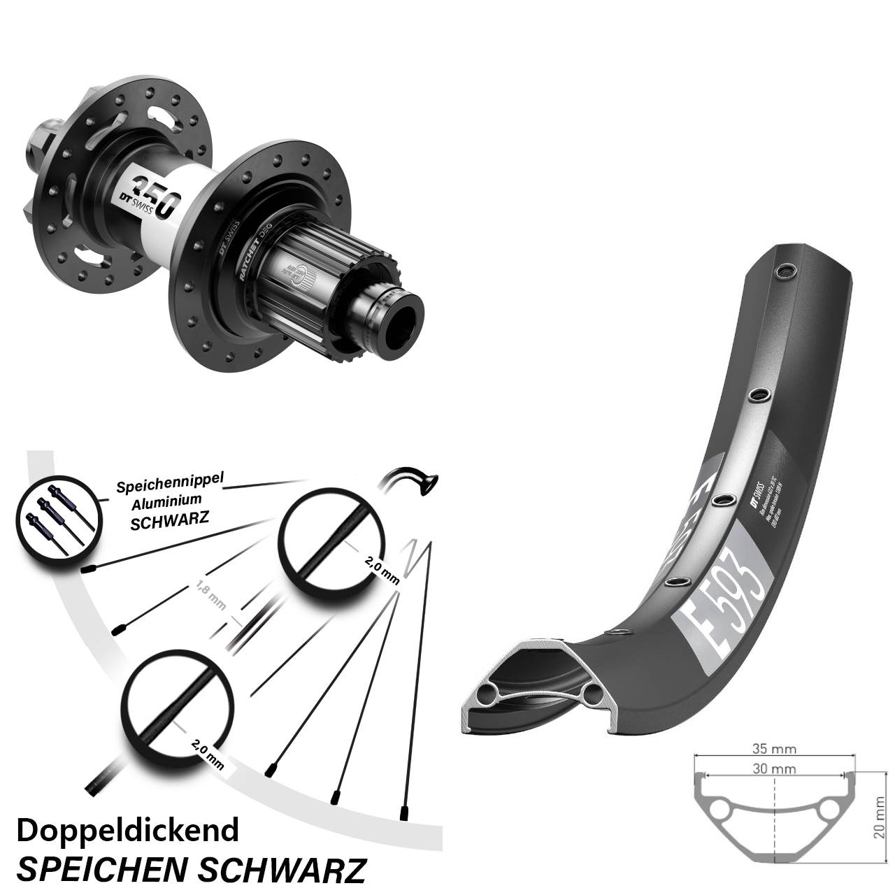 29 Zoll DT Swiss E 593-350 DEG72 Disc Hinterrad 12x148 Shimano Micro Spline