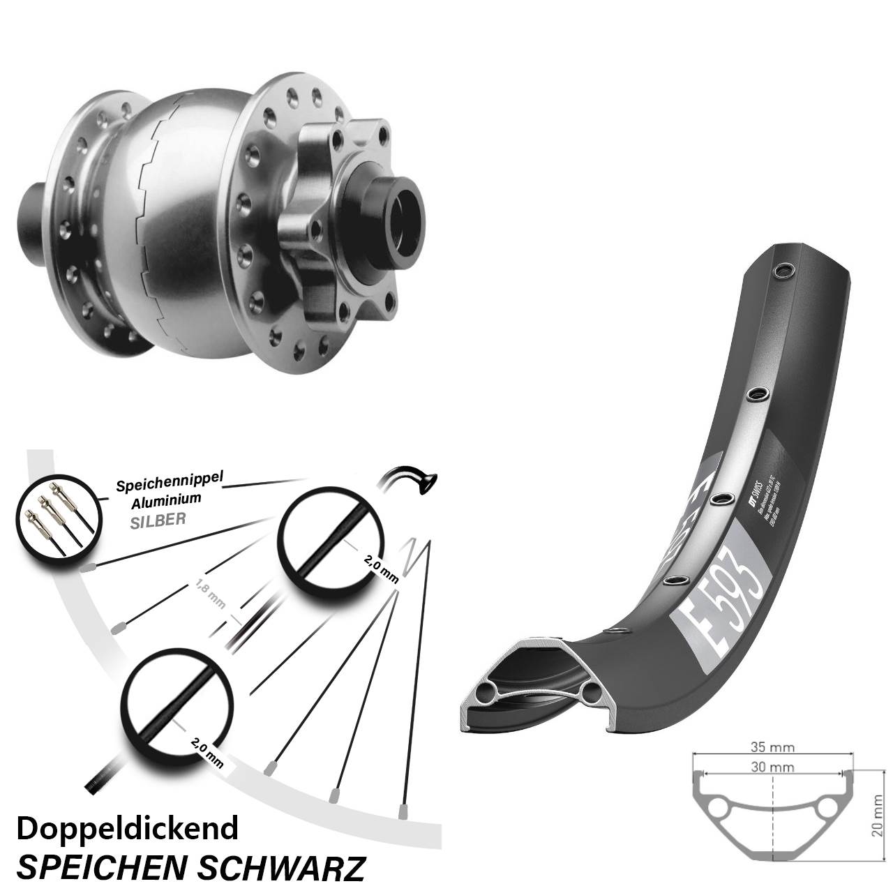 SON 28 silbern DT Swiss E 593 650B Disc Laufrad mit Nabendynamo 15x100