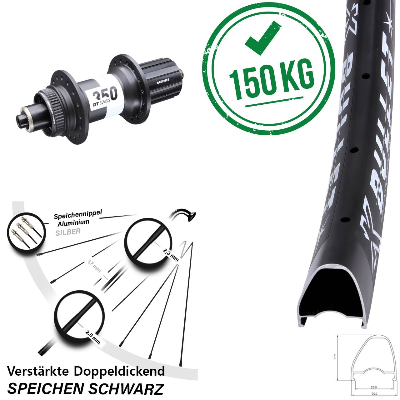 28 Zoll KX Bullet OS DT Swiss 350 Ratchet 36 Disc Hinterrad für Schnellspanner 8-11 fach