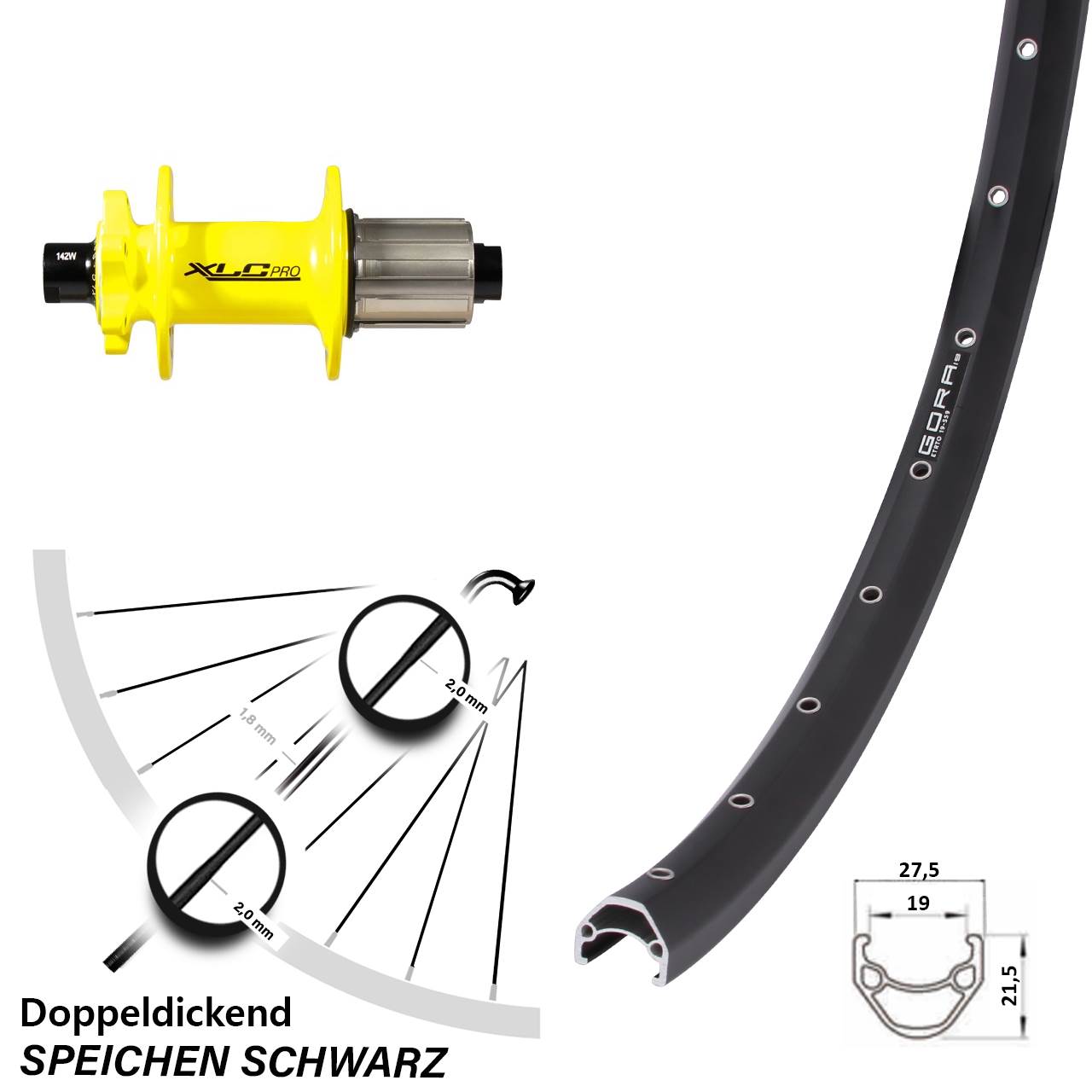 650B Gora 19 XLC Pro gelb Hinterrad 6-Loch 12x142 8-11 fach