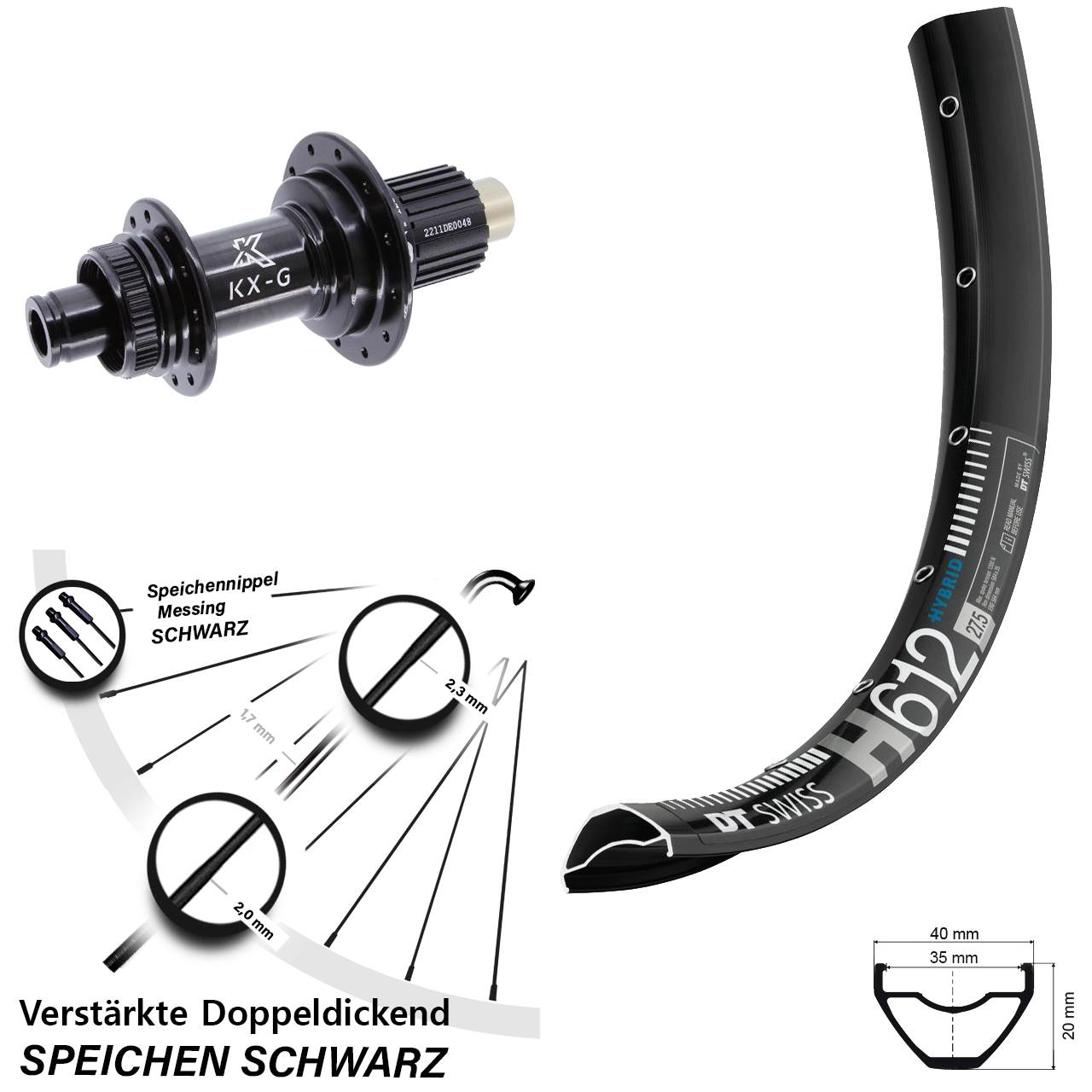 27,5 Zoll DT Swiss H 612 KX-G Centerlock Hinterrad 12x142 Shimano Micro Spline