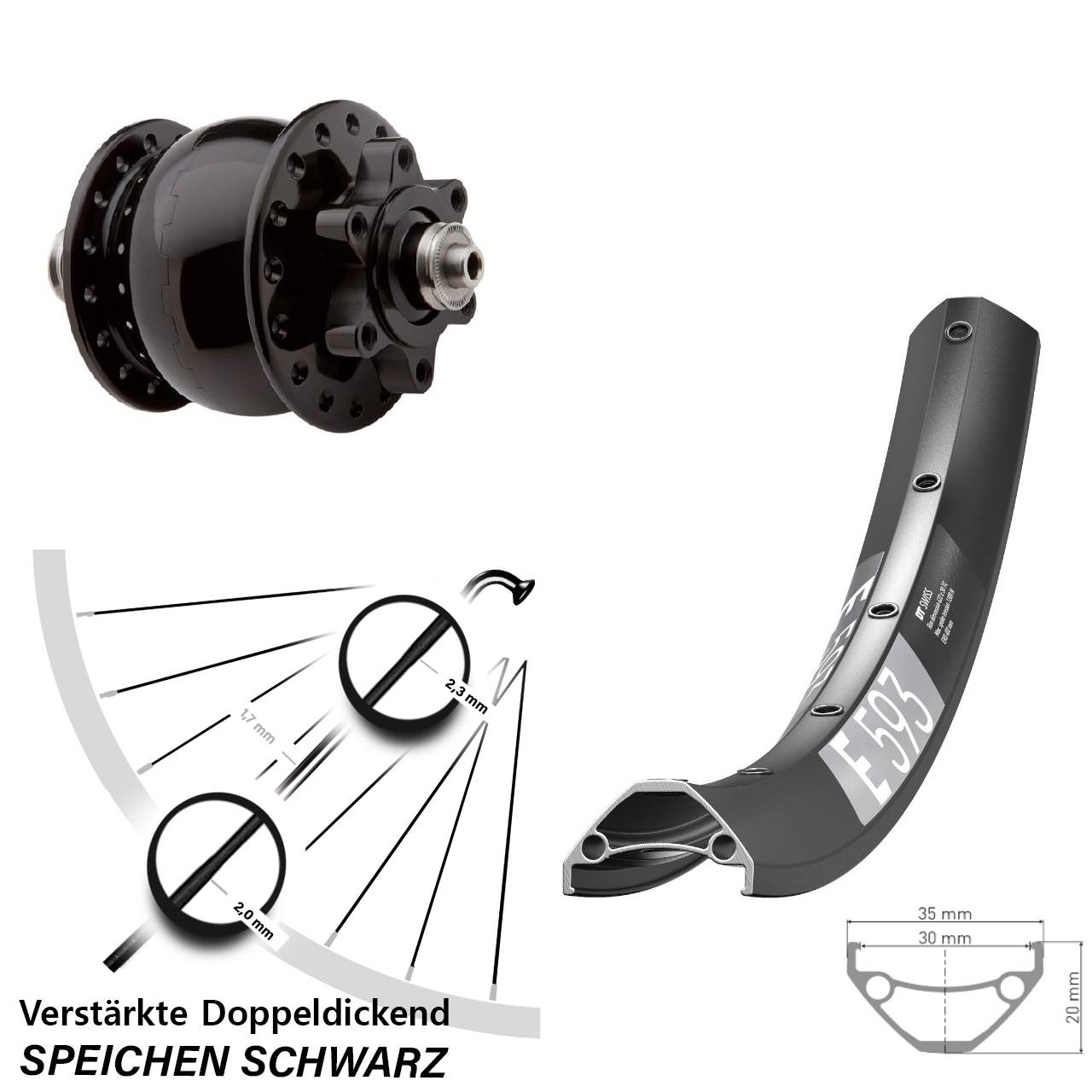 Nabendynamovorderrad 6-Loch 29 Zoll DT Swiss E593 SON 28 für Schnellspanner
