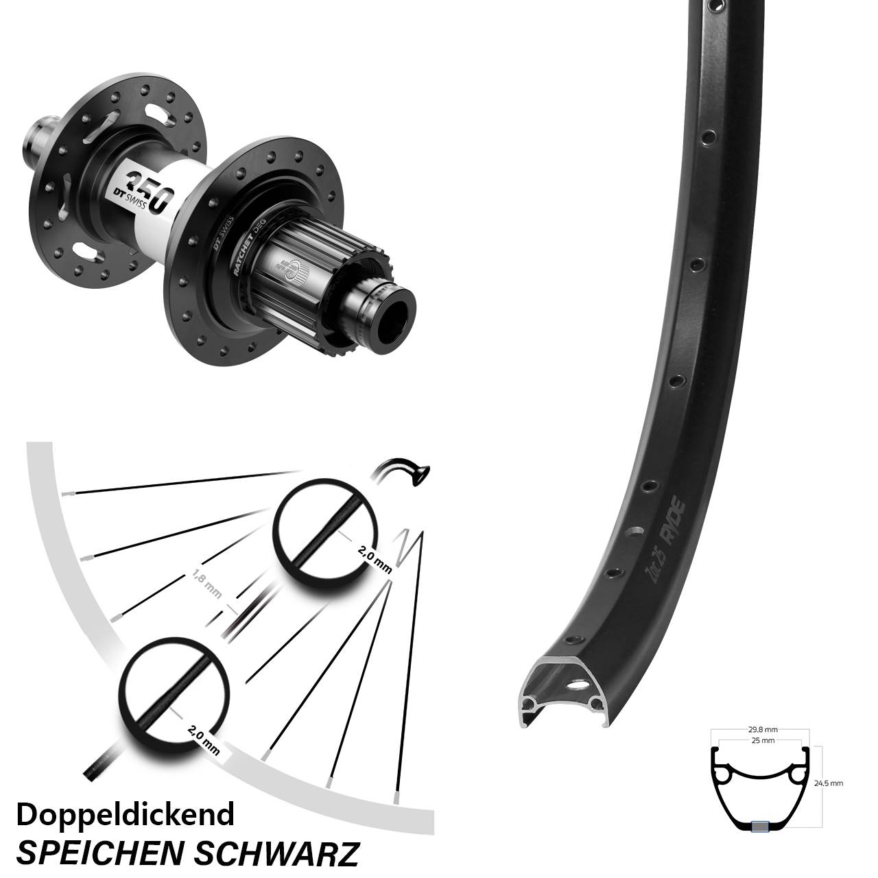 Centerlock Hinterrad 12x148 28-29 Zoll Ryde ZAC 25 DT Swiss 350 DEG72 Micro Spline