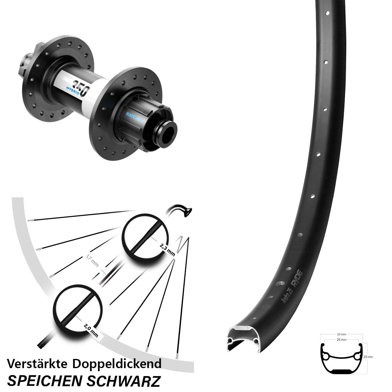 28 Zoll Ryde Andra 25 DT Swiss 350 Hybrid Singlespeed 6-Loch Hinterrad 12x142