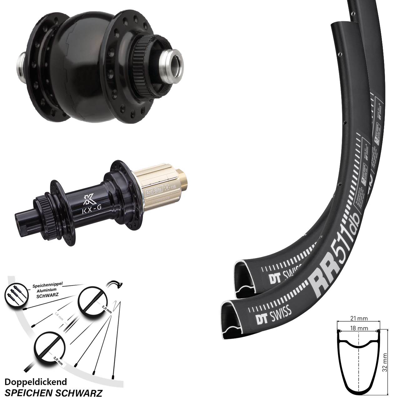 Laufradsatz 28 Zoll DT Swiss RR 511 Nabe KX-G Centerlock 11-fach Dynamo SON delux