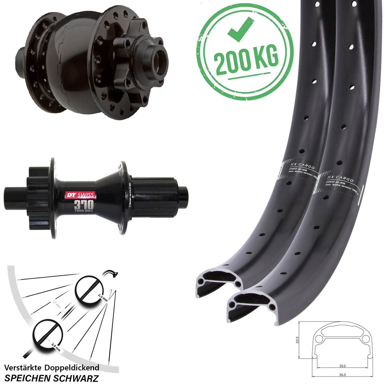 20 Zoll KX Cargo DT Swiss 370 SON 28 Disc Laufradsatz 15x100 12x142 8-11 fach HG