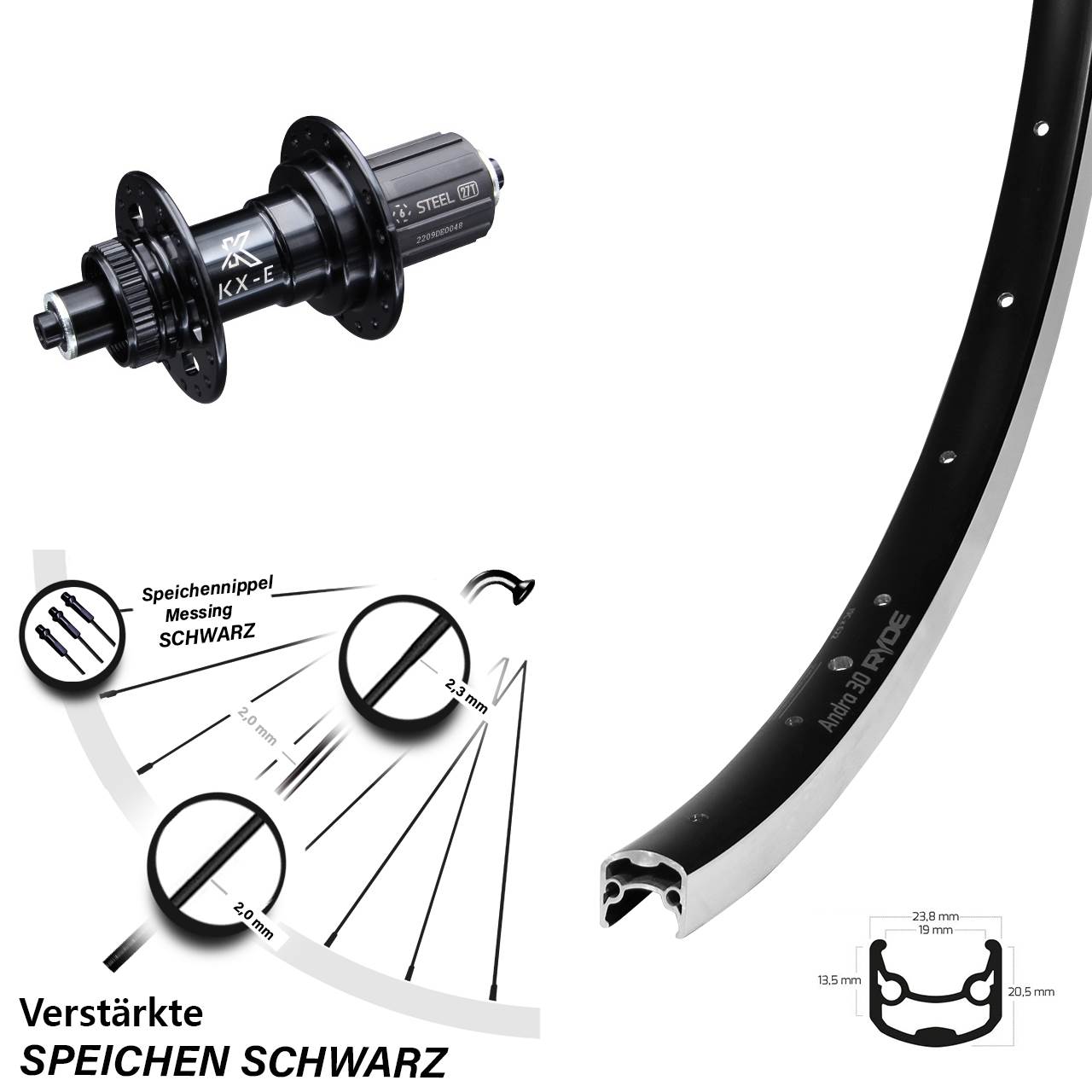Ryde Andra 30 Felgenbremse Hinterrad 28 Zoll KX-E 5x135 mm 8-12 fach