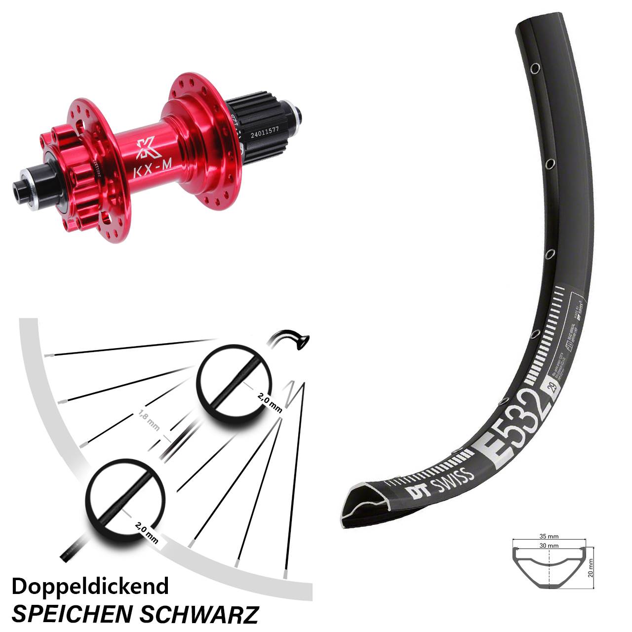 DT Swiss E532 KX-M rot 29 Zoll Disc Laufrad für Schnellspanner Shimano Micro Spline