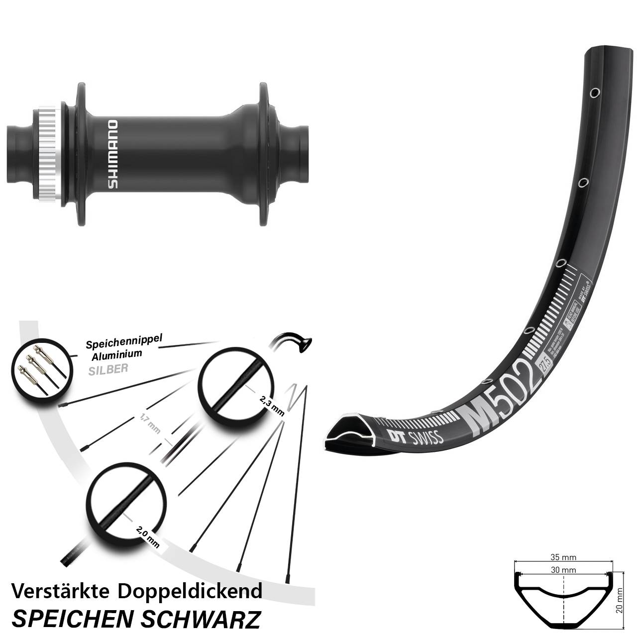 Centerlock Vorderrad 29 Zoll DT Swiss M 502 Shimano HB-MT410-B 15x110 Boost