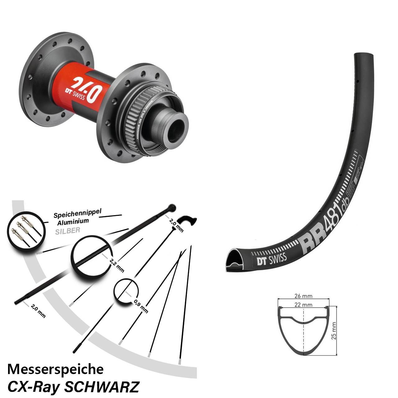 Vorderrad Road Disc 28 Zoll 240 DT Swiss RR 481 Steckachse 12x100 mm CX Ray Messerspeichen