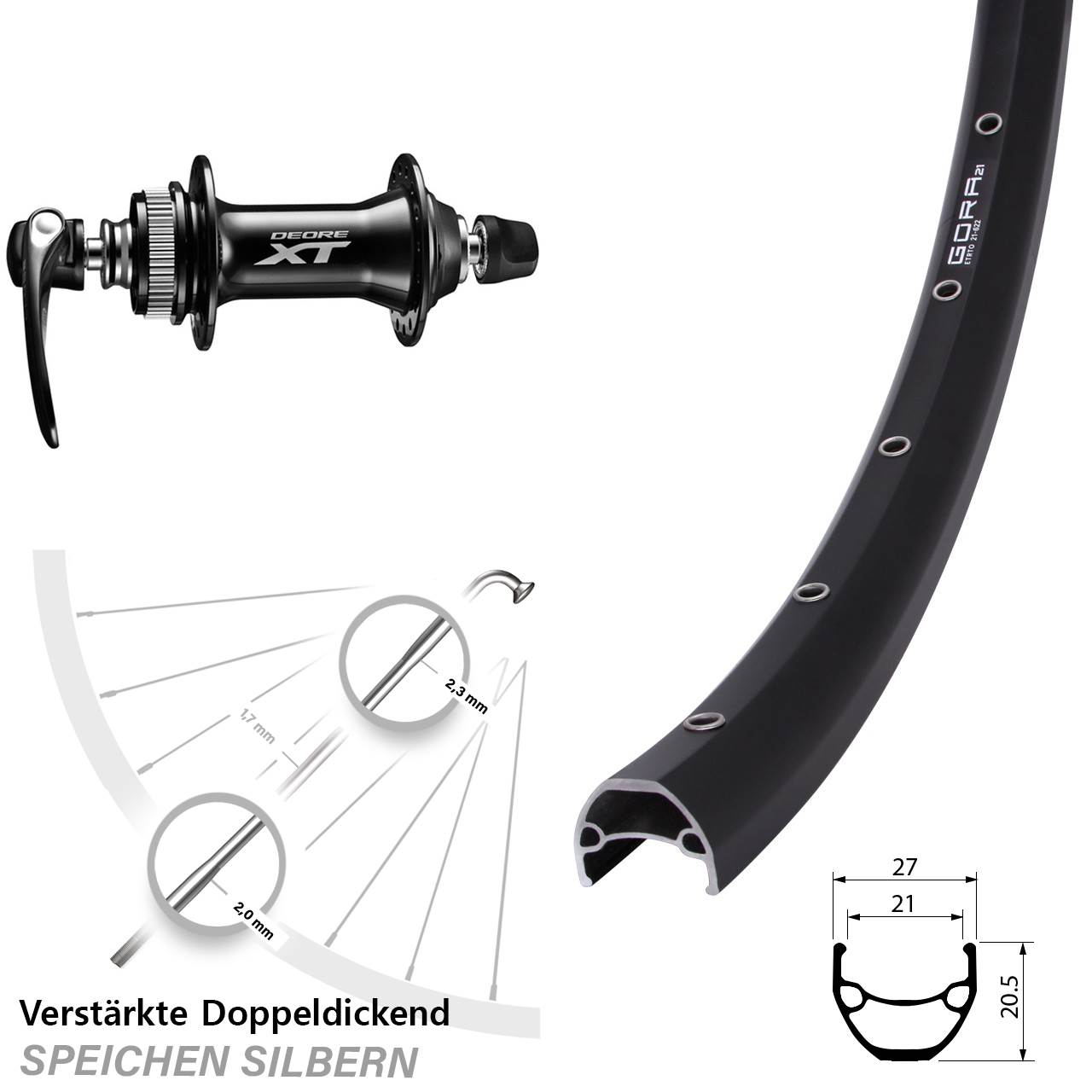 Gora 21 Shimano Deore XT HB-M8000 29 Zoll Disc Vorderrad für Schnellspanner