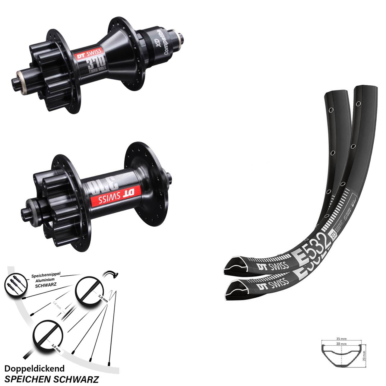 DT Swiss E 532-370 29 Zoll Disc Laufrad-Satz für Schnellspanner SRAM XD