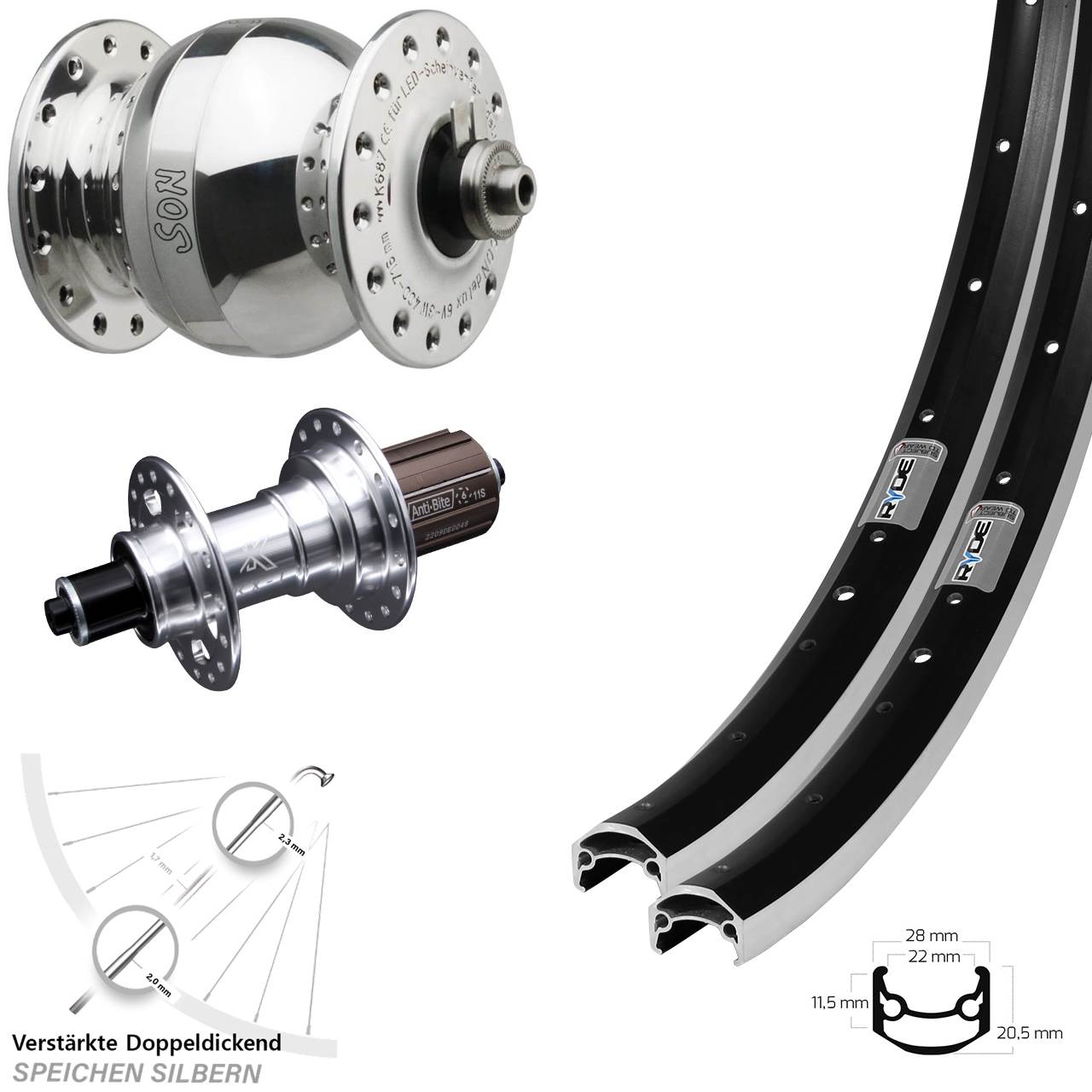 650B Laufradsatz Ryde Andra35 KX-T SON delux wide body 8-12 fach QR