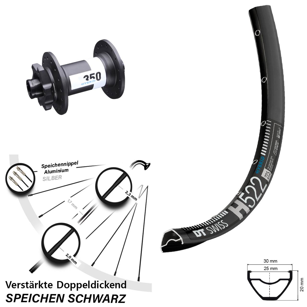 29 Zoll Vorderrad H 522 DT Swiss 350 Hybrid Boost 15x110 mm 6-Loch verstärkt E-Bike