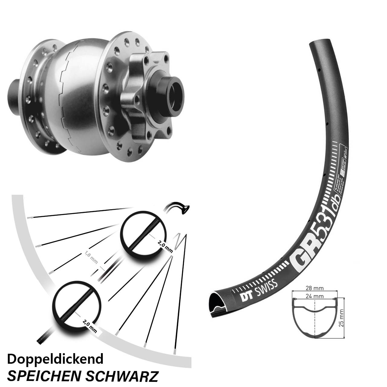 Disc Nabendynamolaufrad 15x100 650B DT Swiss GR531 SON 28 silbern