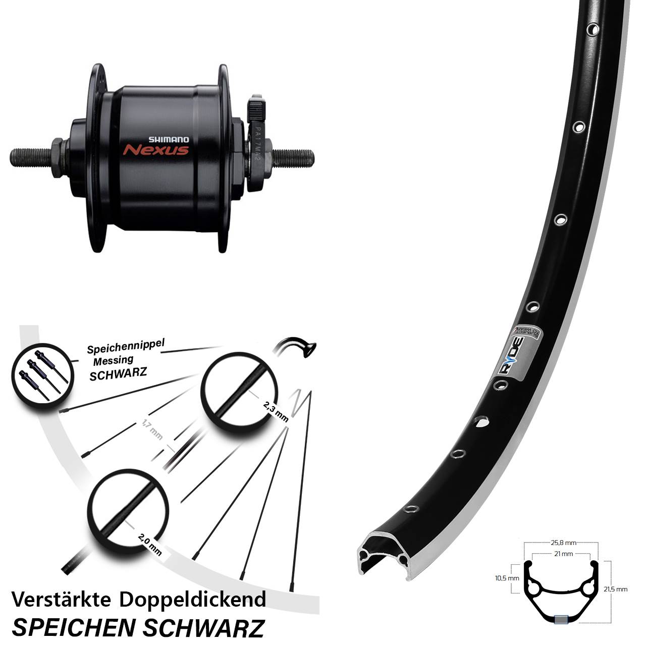 Vorderrad mit Nabendynamo Vollachse 650B Ryde ZAC 421 Shimano Nexus DH-C3000-3N