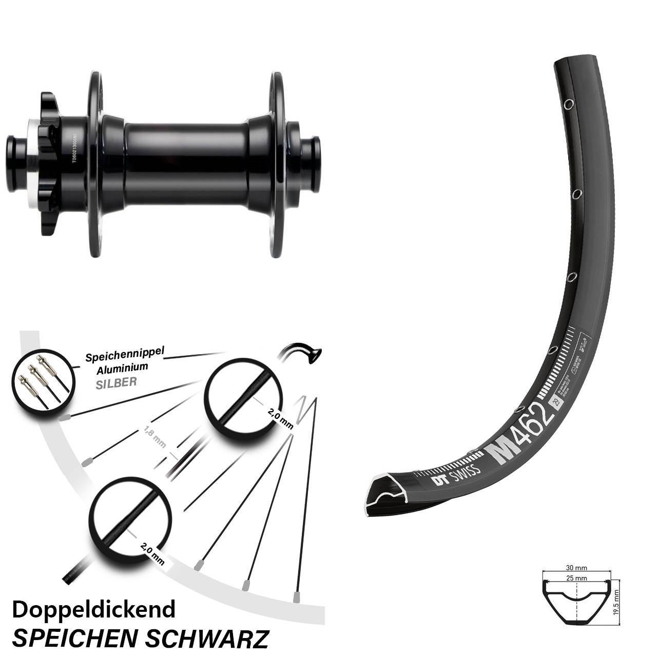 Laufrad 27,5 Zoll DT Swiss M 462 Disc Novatec D341-B15 Boost schwarz