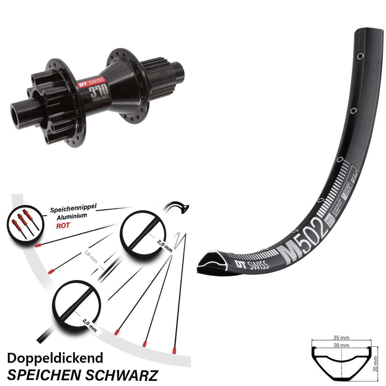 DT Swiss M502-370 Hybrid 29 Zoll 6-Loch Hinterrad 12x142 Micro Spline
