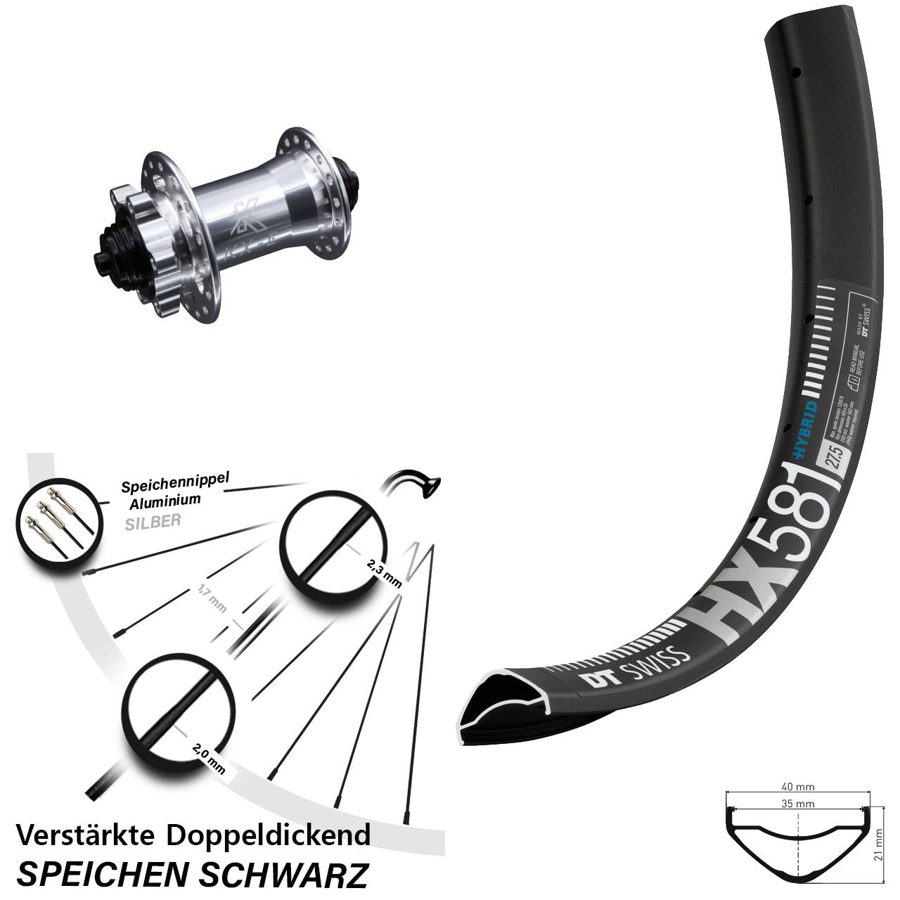 Disc Vorderrad für Schnellspanner 27,5 Zoll DT Swiss HX 581 KX-E