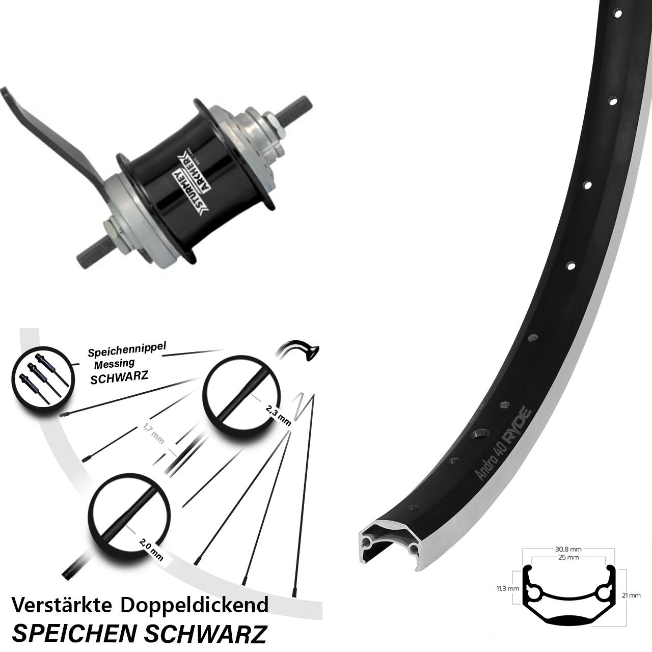 20 Zoll Hinterrad Ryde Andra 40 Sturmey Archer Duomatic Kick-Shift schwarz