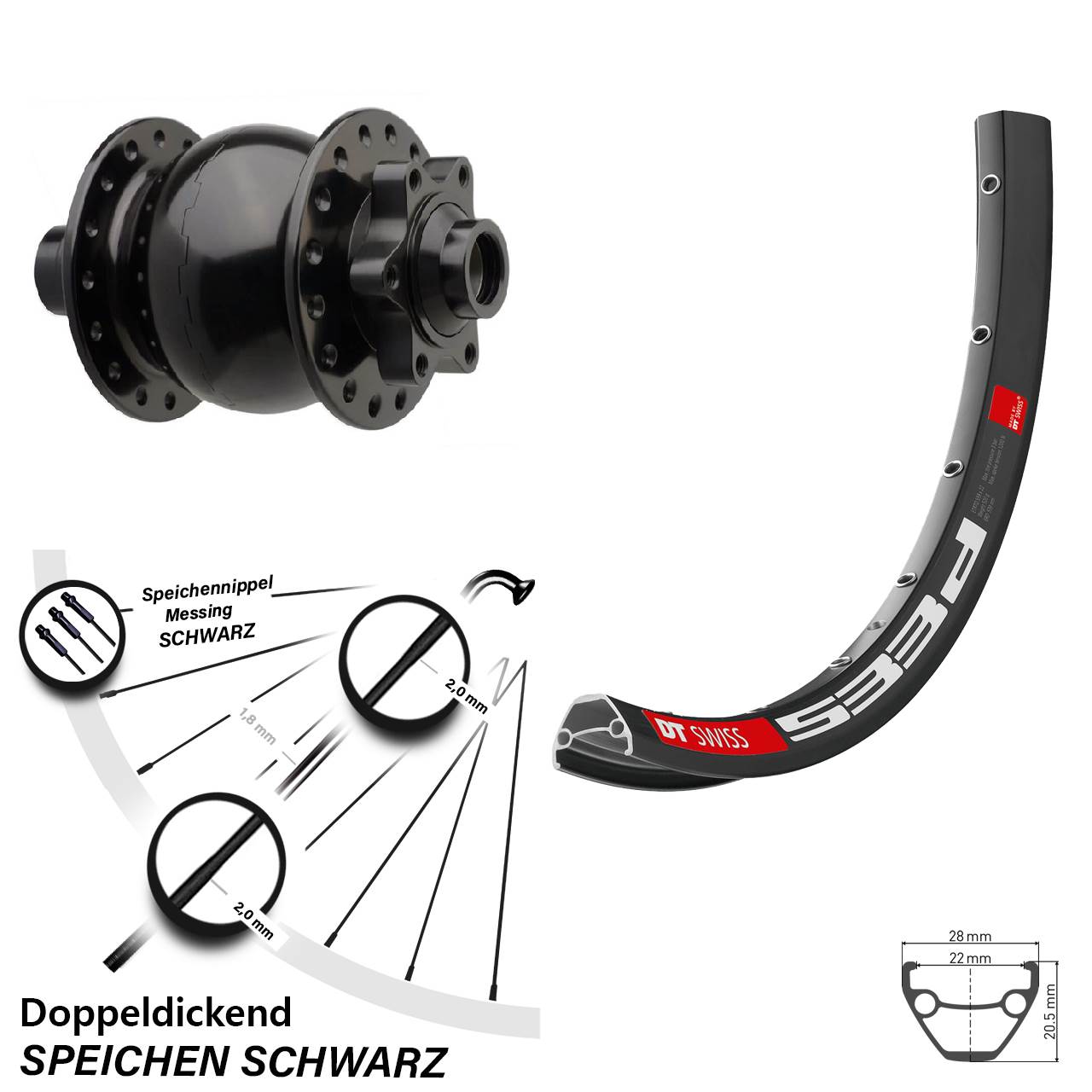 Nabendynamovorderrad 6-Loch 27,5 Zoll DT Swiss 533d SON 28 15x110 Boost