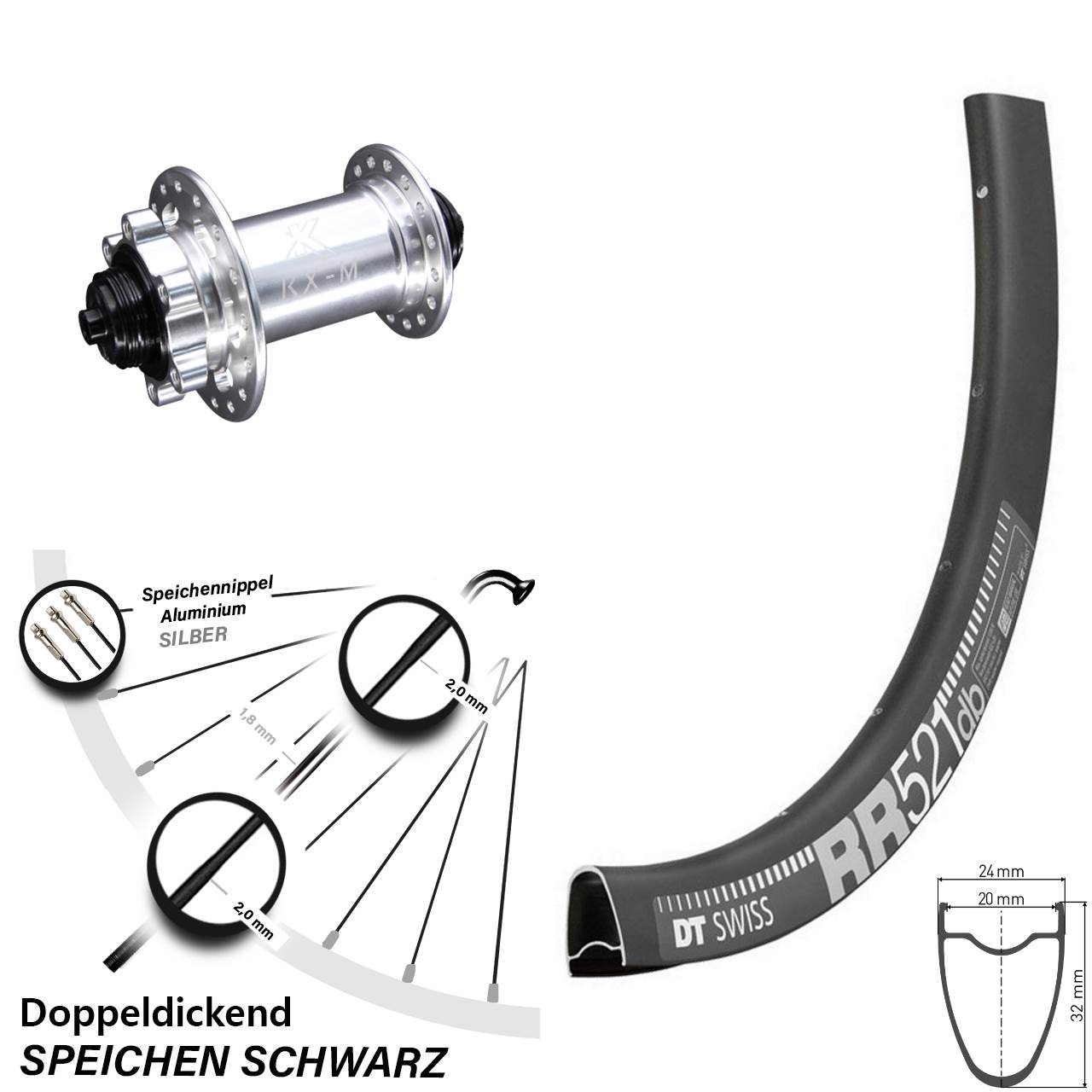 Laufrad 28 Zoll DT Swiss RR521 Disc KX-M 6-Loch 5/100 silbern