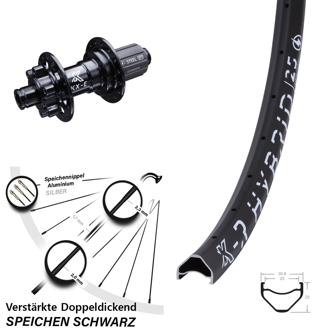6-Loch 650B Hinterrad KX-R Hybrid 25 E-Bike 8-12 fach HG 12x142