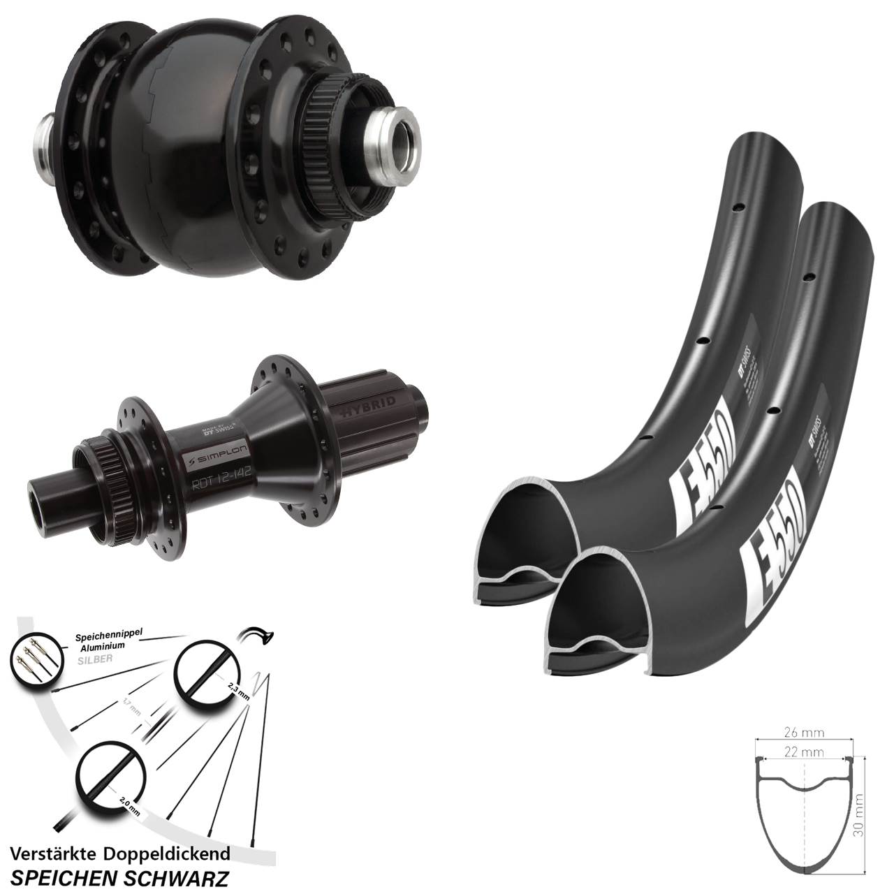 Disc Laufrad-Satz DT Swiss E 550-370 Hybrid SON 28 Zoll 8-11 fach 12x100/142