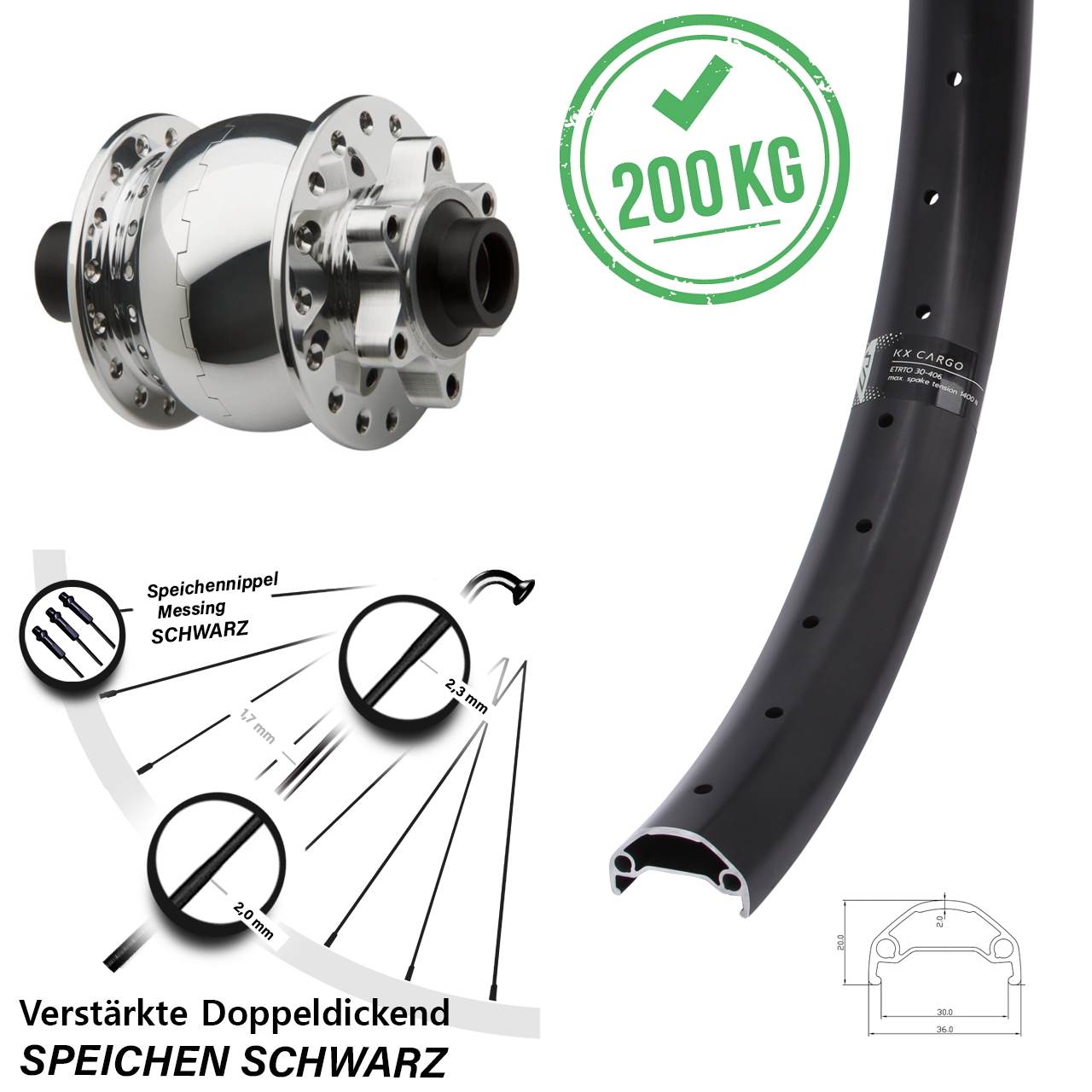 Nabendynamo Vorderrad 6-Loch SON 28-15x100 mm Steckachse KX Cargo 20 Zoll Lastenrad breit