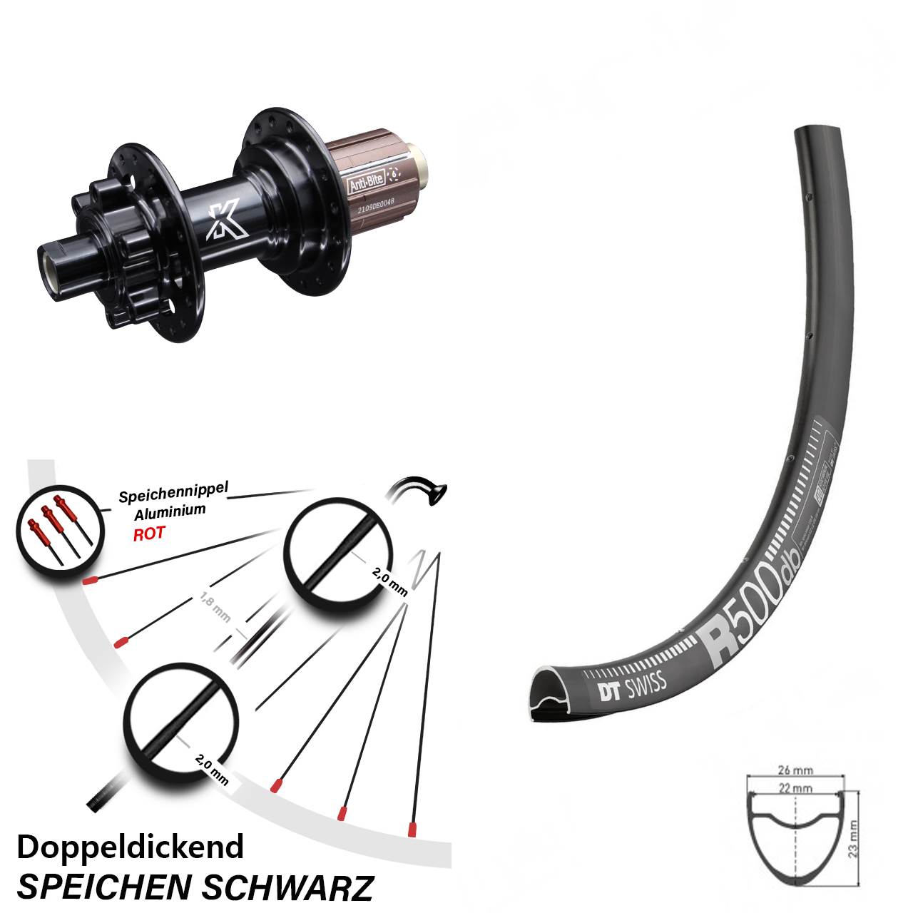 Hinterrad KX-M schwarz 12x142 mm 8-12 fach DT Swiss R 500 Road Disc 28 Zoll