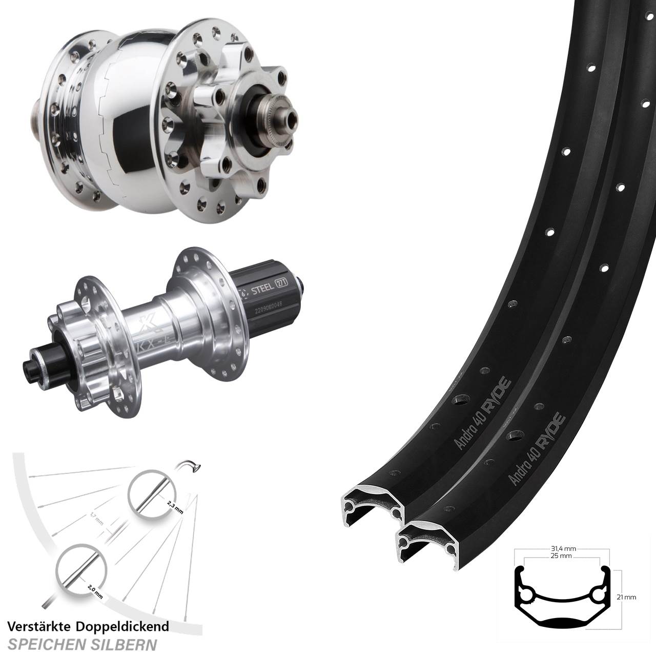 20/27,5 Zoll Ryde Andra 40 KX-E SON 28 6-Loch Laufradsatz für Schnellspanner 8-12 fach