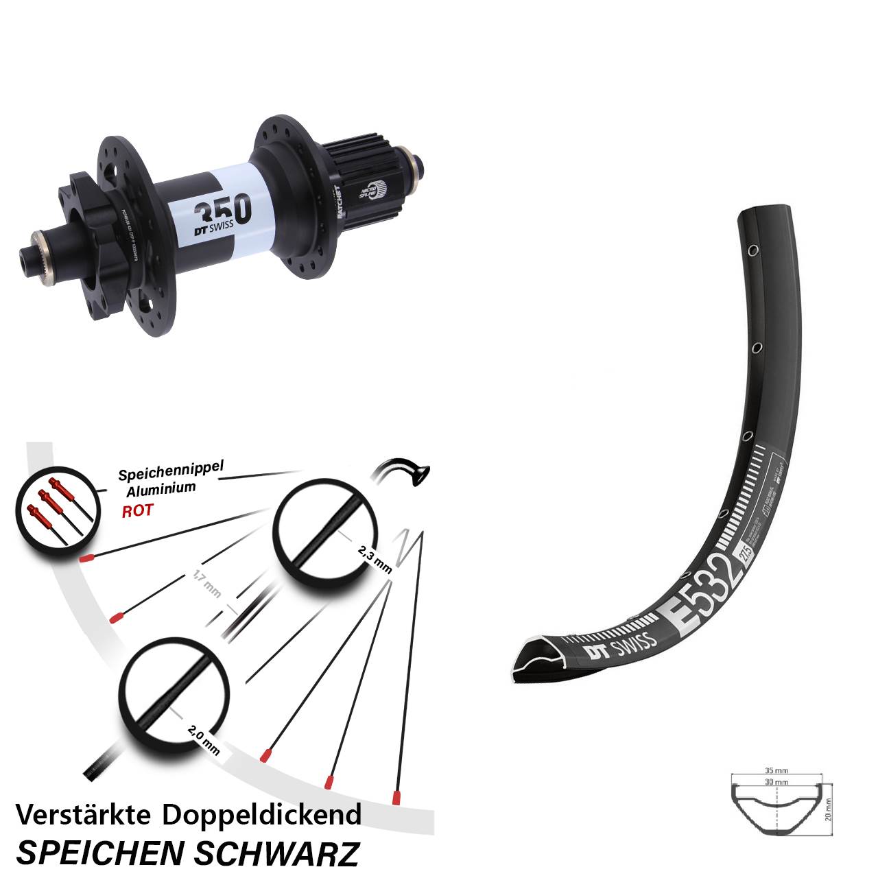 DT Swiss E532-350 27,5 Zoll Hinterrad 6-Loch für Schnellsp. Micro Spline