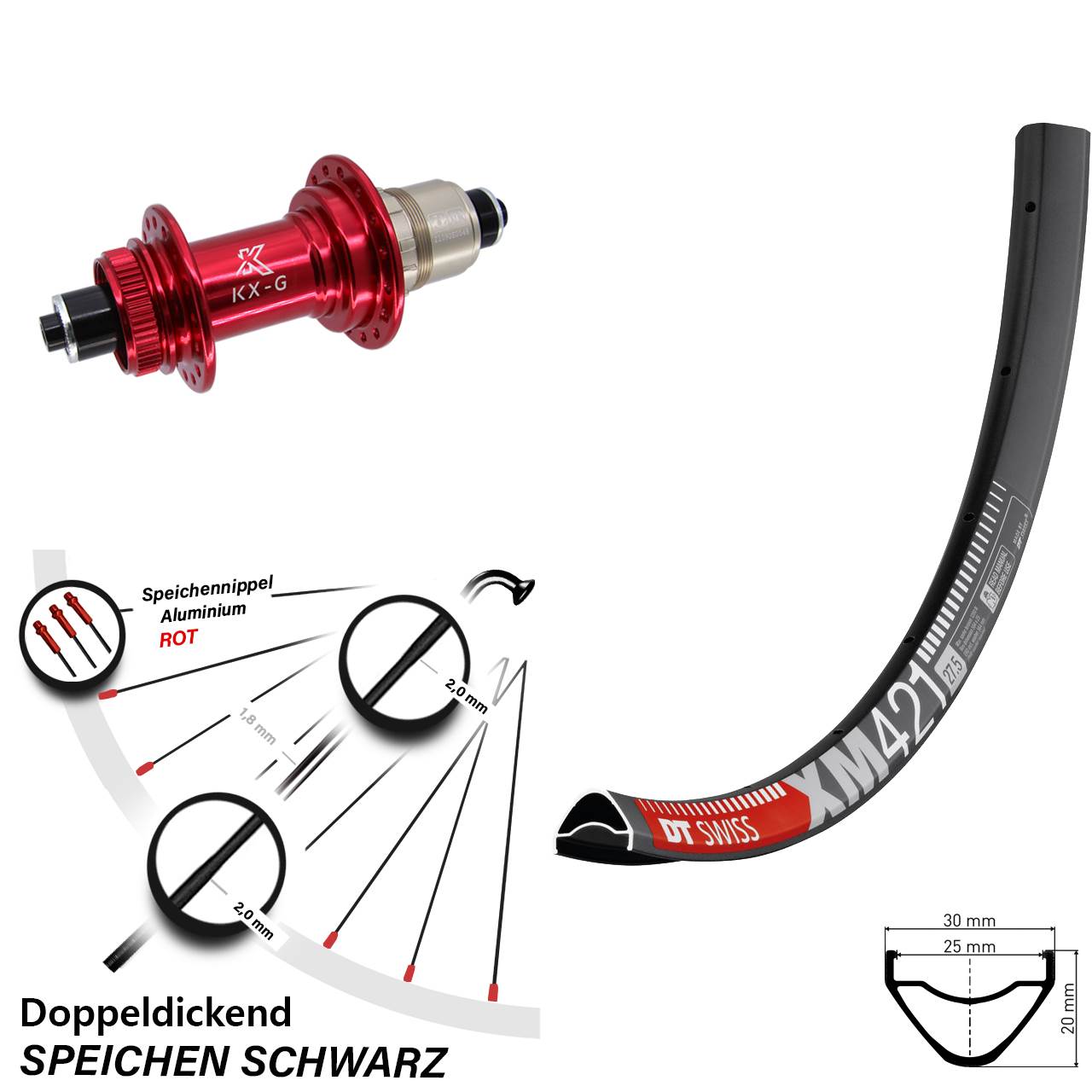 Centerlock Hinterrad 650B DT Swiss XM 421 KX-G rot XD-R für Schnellspanner