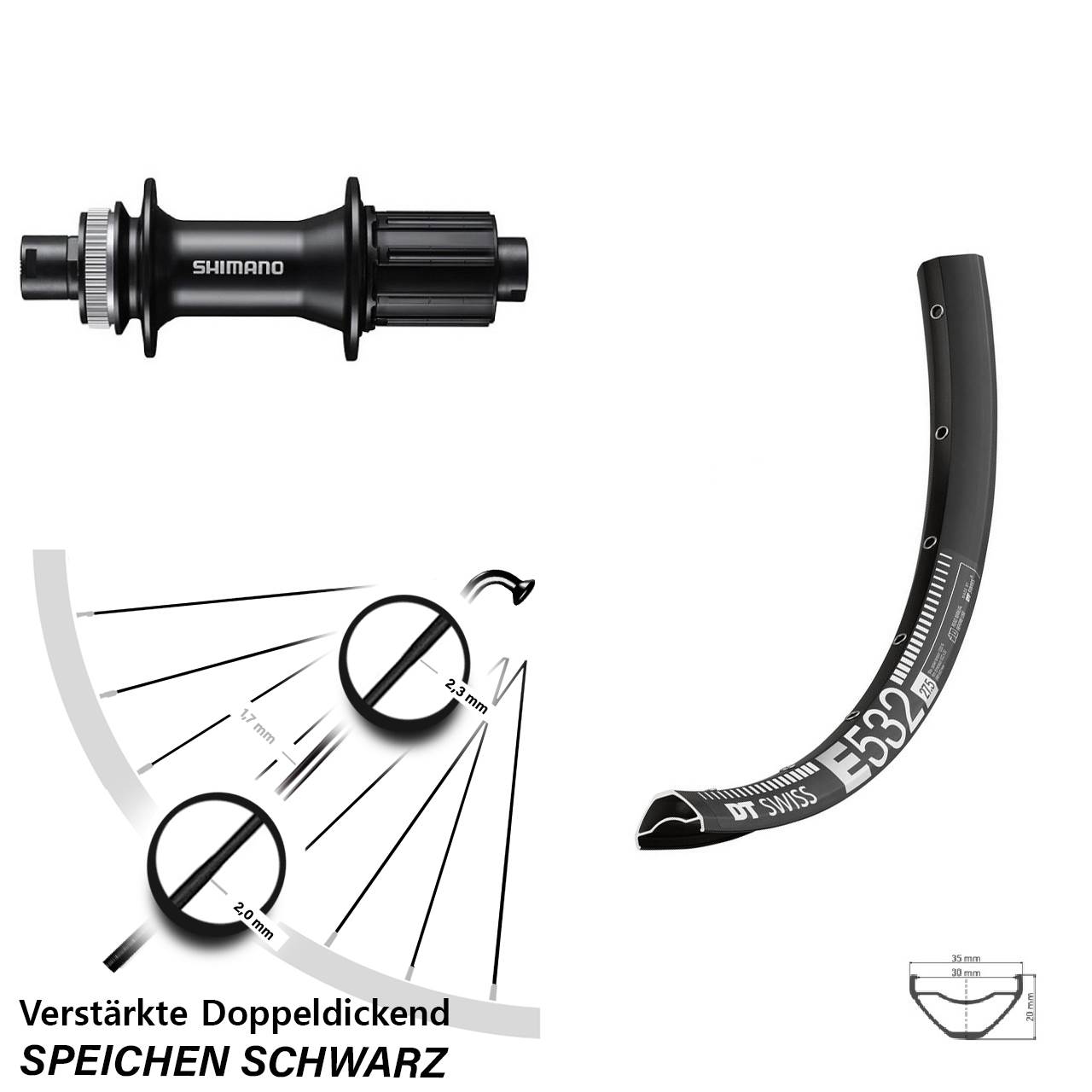 Centerlock Hinterrad 29 Zoll DT Swiss E 532 Shimano FH-MT400 8-11 fach HG 12x142