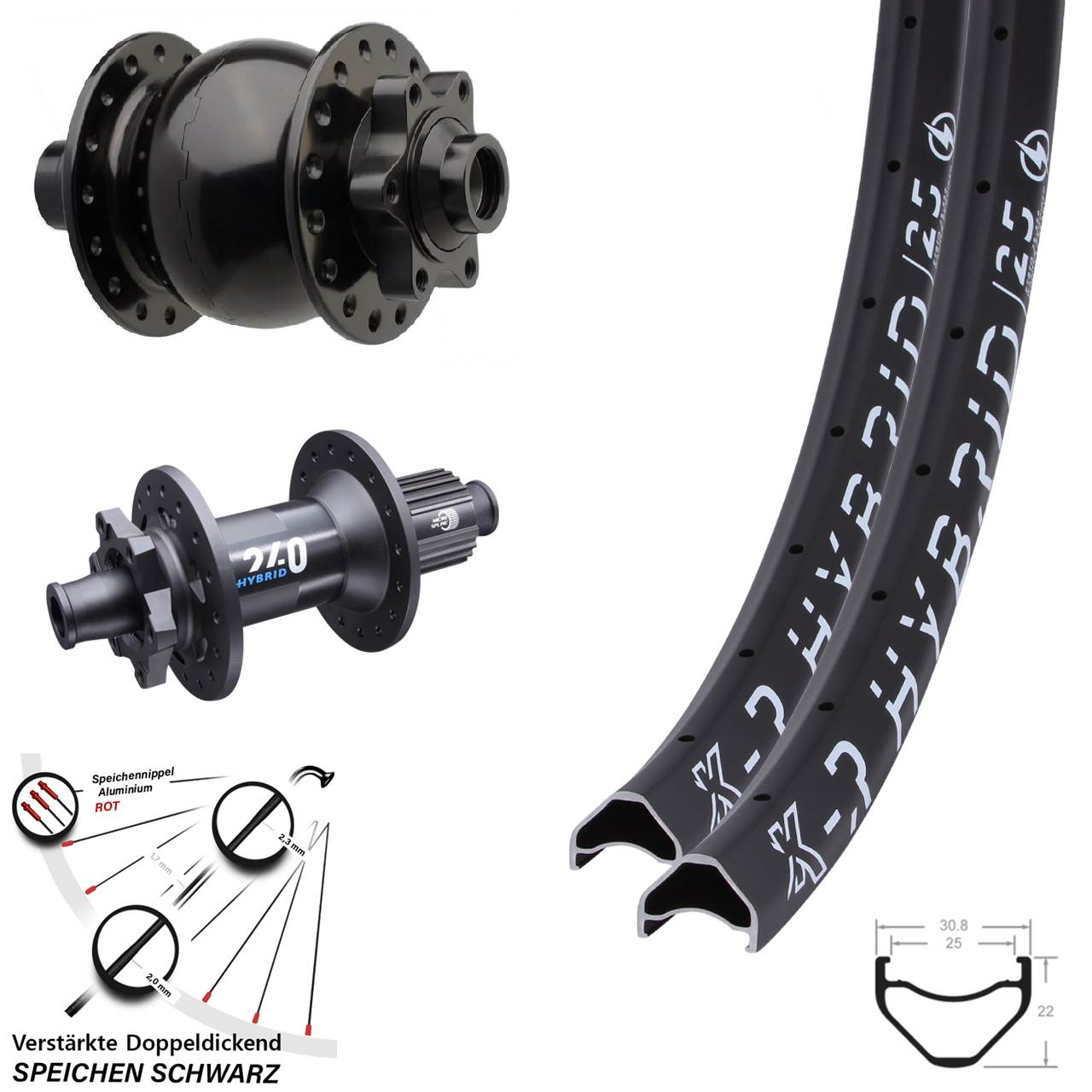27,5 Zoll Premium Laufradsatz KX-R Hybrid 25 DT Swiss 240 Micro Spline Dynamo SON Boost