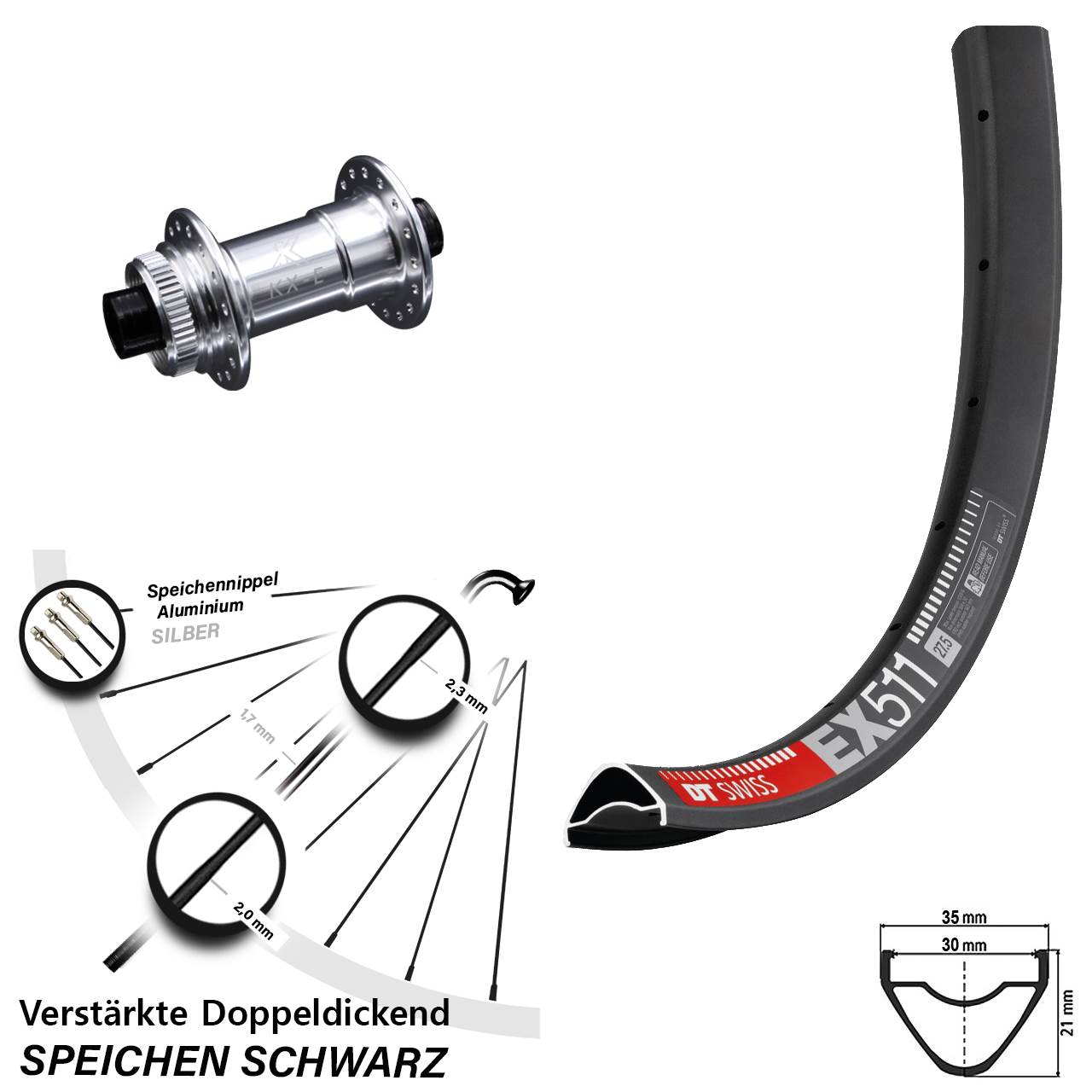 Vorderrad Centerlock 29 Zoll DT Swiss EX511 KX-E 4 Kugellager 15x100