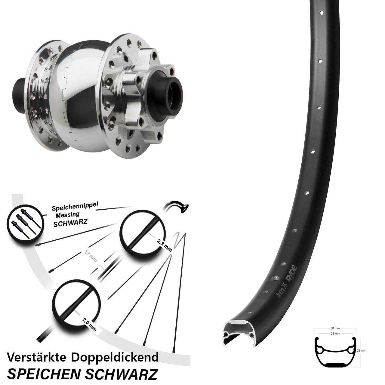 SON 28 Ryde Andra 25 29 Zoll Vorderrad mit Nabendynamo 6-Loch 15x100